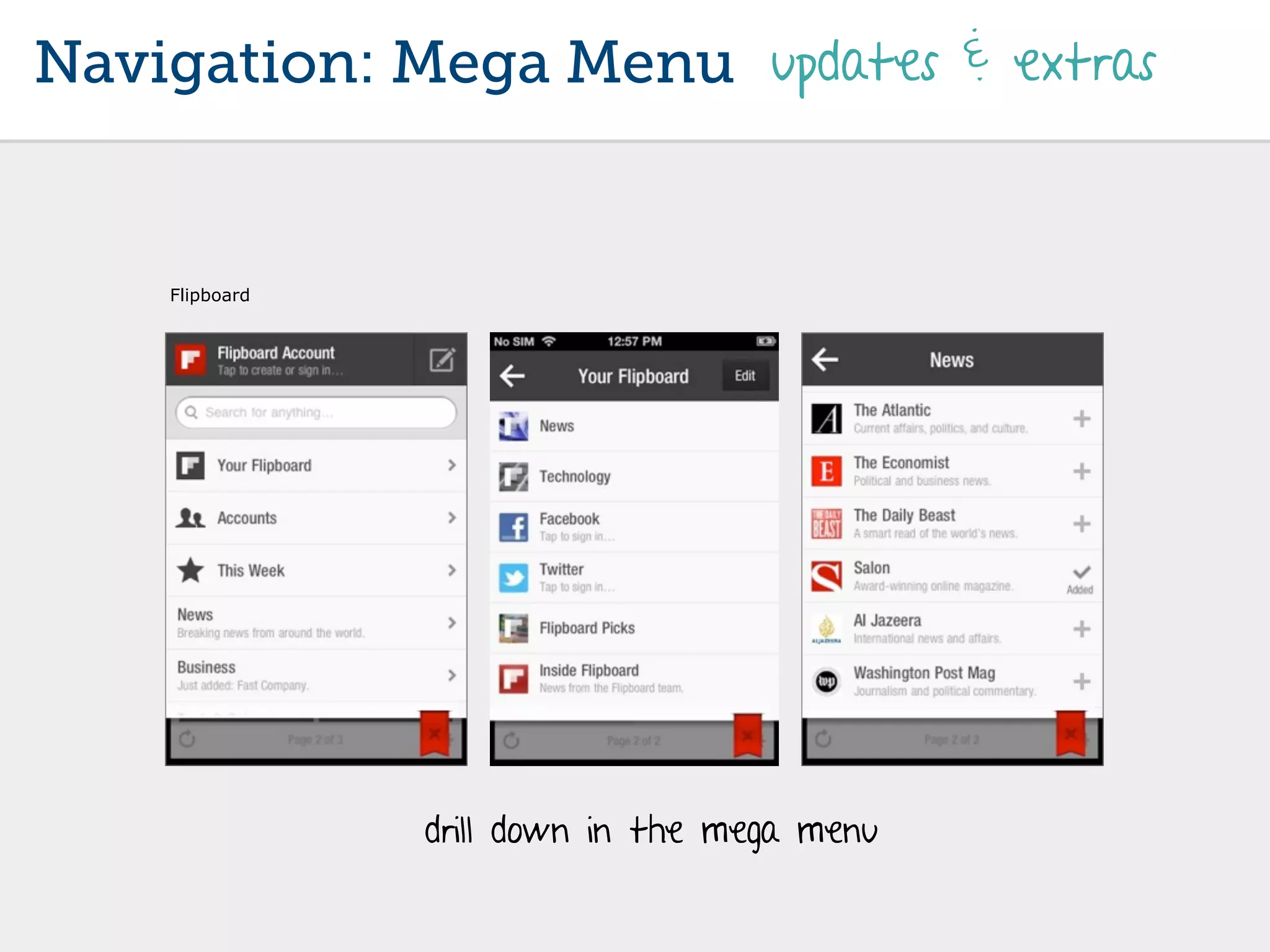 Navigation: Mega Menu updates & extras


    Flipboard




                drill down in the mega menu
 