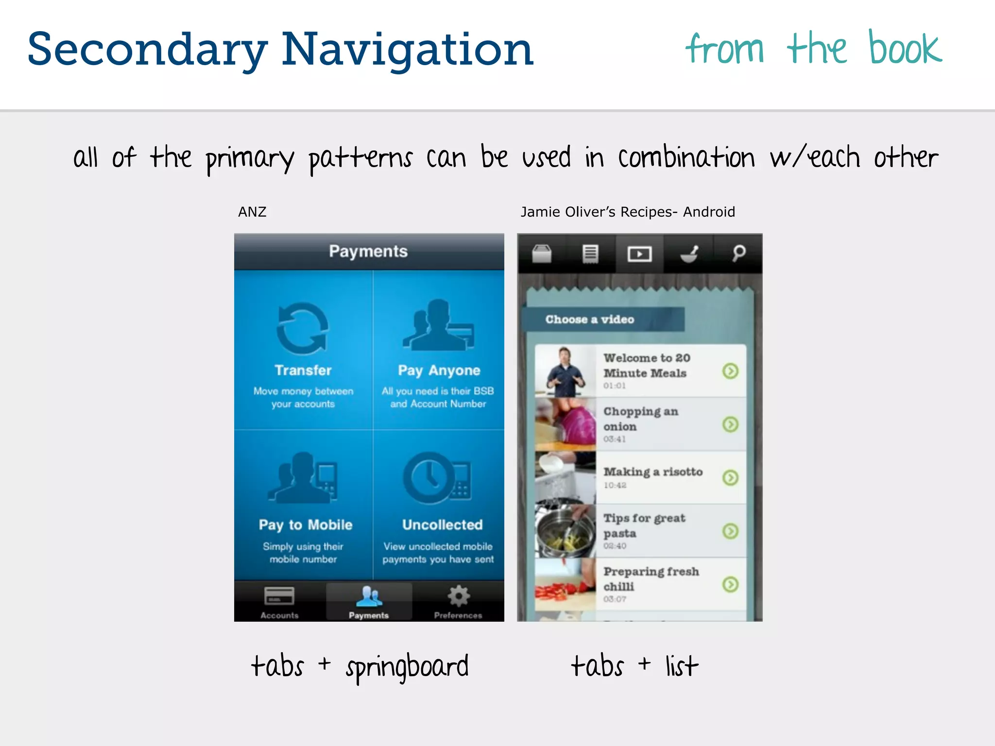 Secondary Navigation                                      from the book

 all of the primary patterns can be used in combination w/each other
             ANZ                   Jamie Oliver’s Recipes- Android




              tabs + springboard          tabs + list
 
