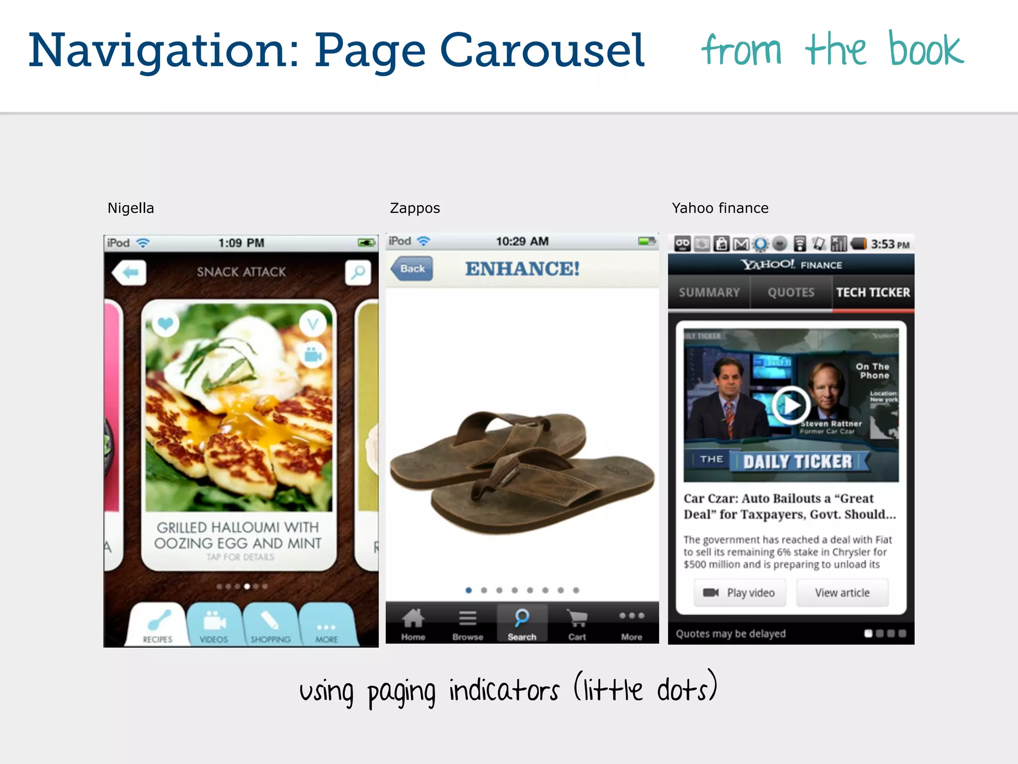 Navigation: Page Carousel                       from the book


   Nigella          Zappos                   Yahoo finance




             using paging indicators (little dots)
 