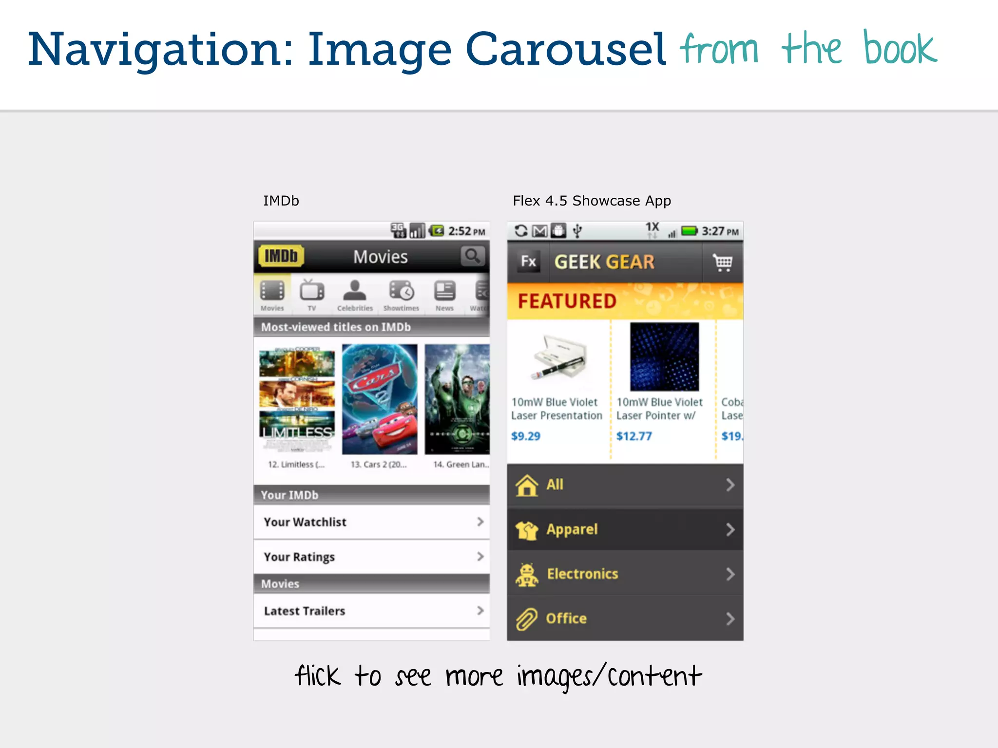 Navigation: Image Carousel from the book


          IMDb                Flex 4.5 Showcase App




             flick to see more images/content
 