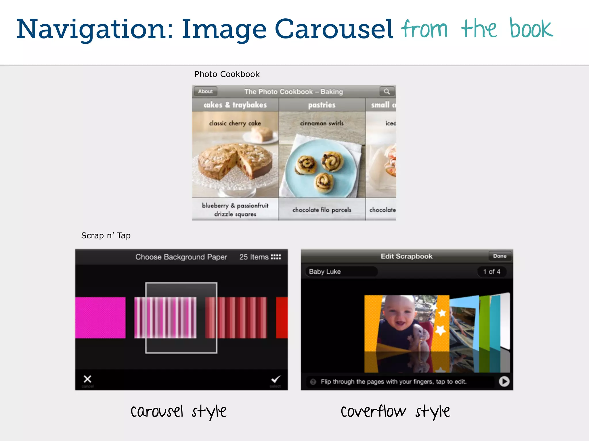 Navigation: Image Carousel from the book
                        Photo Cookbook




    Scrap n’ Tap




               carousel style            coverflow style
 
