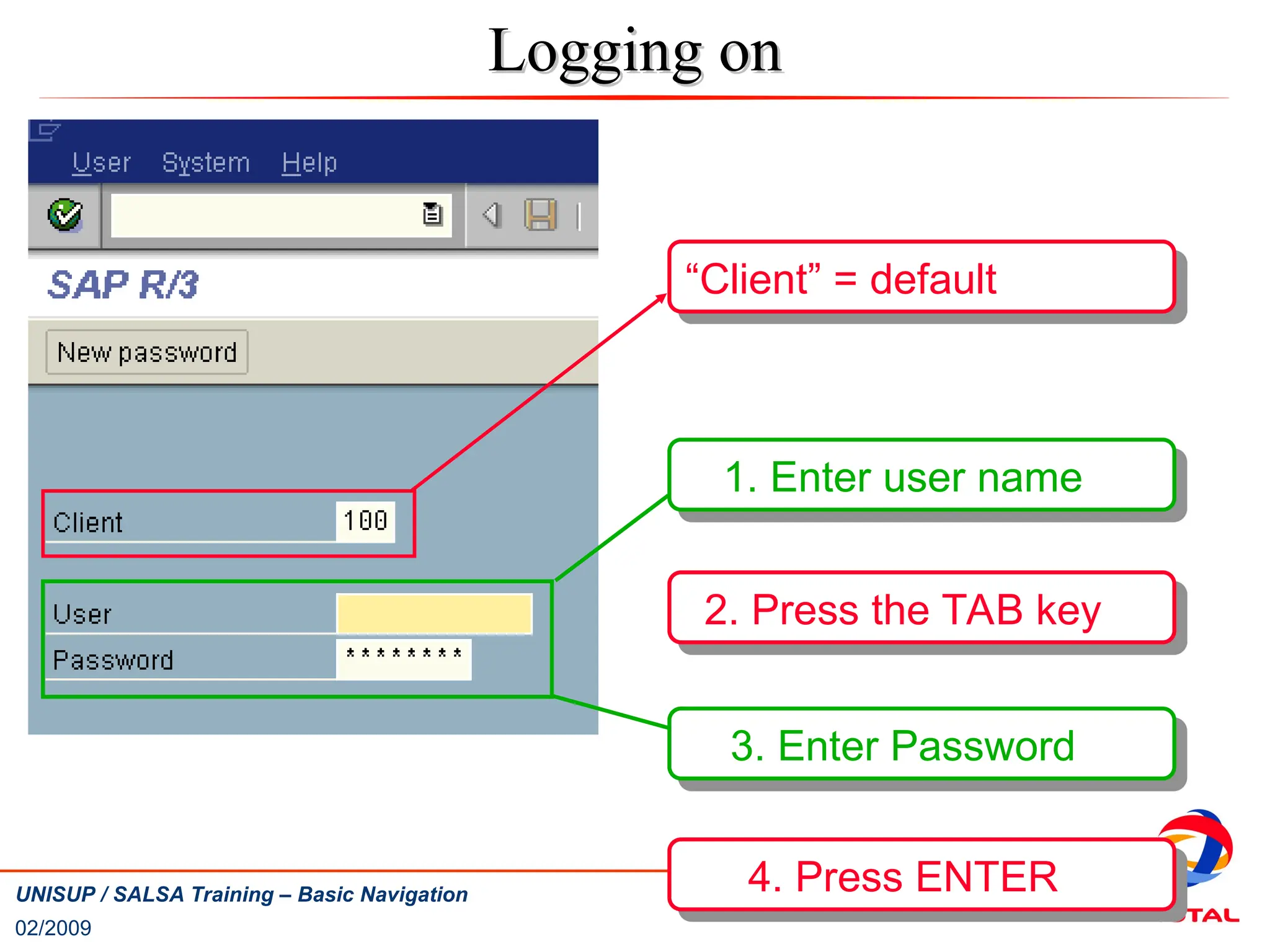 02/2009
10
UNISUP / SALSA Training – Basic Navigation
Logging on
Logging on
1. Enter user name
2. Press the TAB key
3. Enter Password
4. Press ENTER
“Client” = default
 