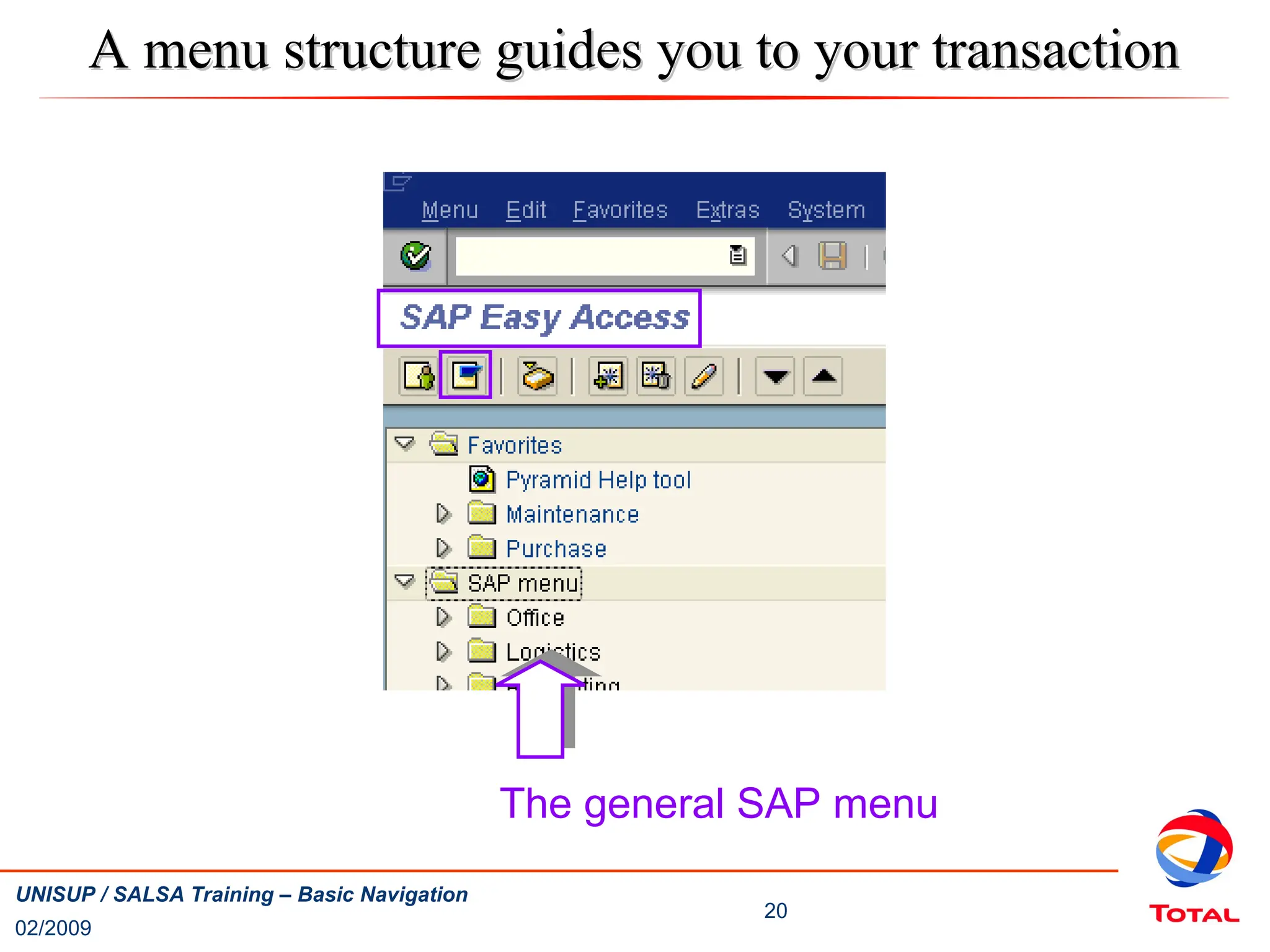 02/2009
20
UNISUP / SALSA Training – Basic Navigation
A menu structure guides you to your transaction
A menu structure guides you to your transaction
The general SAP menu
 