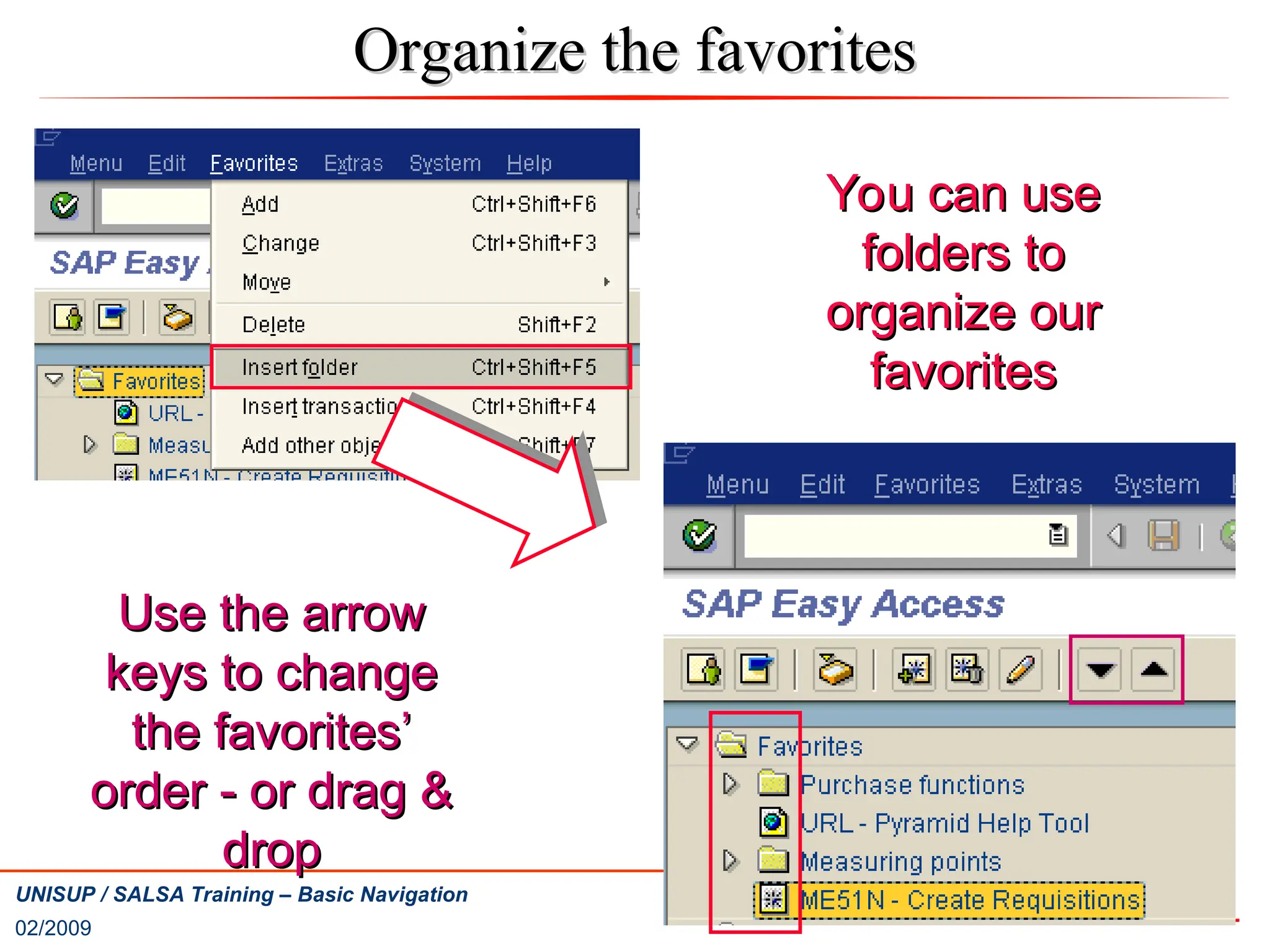 02/2009
39
UNISUP / SALSA Training – Basic Navigation
Organize the favorites
Organize the favorites
You can use
You can use
folders to
folders to
organize our
organize our
favorites
favorites
Use the arrow
Use the arrow
keys to change
keys to change
the favorites’
the favorites’
order - or drag &
order - or drag &
drop
drop
 