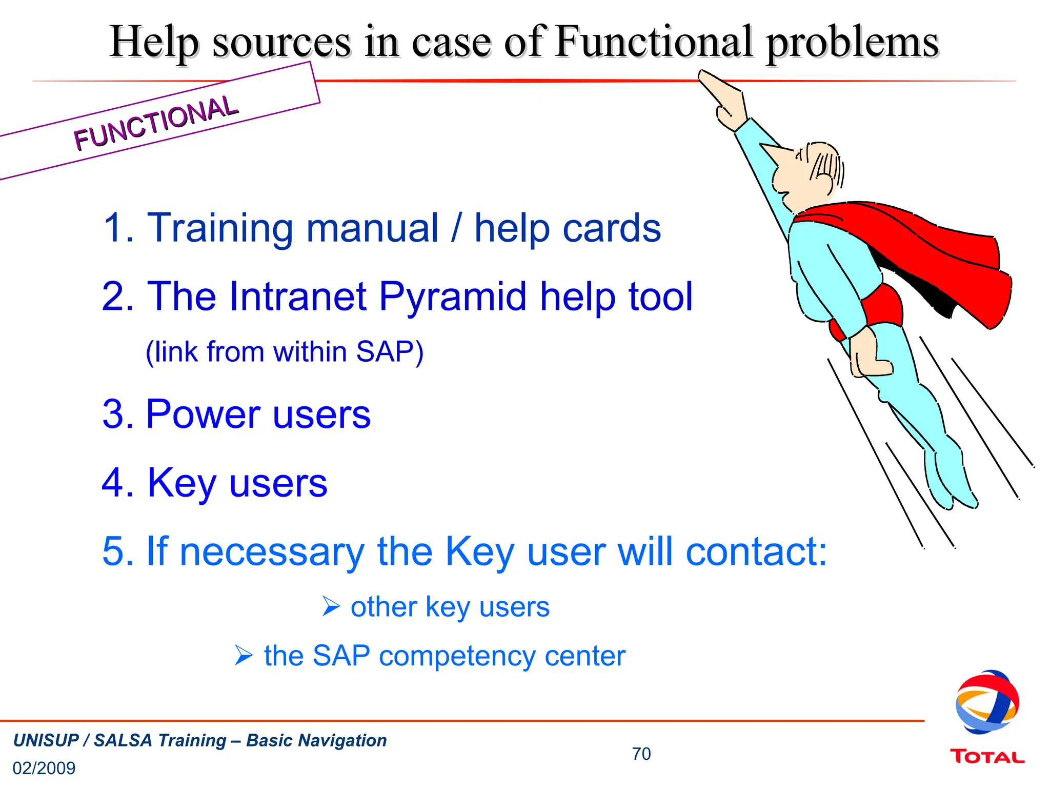 02/2009
70
UNISUP / SALSA Training – Basic Navigation
1. Training manual / help cards
2. The Intranet Pyramid help tool
(link from within SAP)
3. Power users
4. Key users
5. If necessary the Key user will contact:
 other key users
 the SAP competency center
Help sources in case of Functional problems
Help sources in case of Functional problems
FUNCTIONAL
FUNCTIONAL
 
