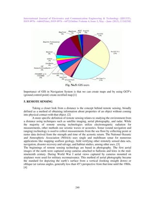 International Journal of Electronics and Communication Engineering & Technology (IJECET),
ISSN 0976 – 6464(Print), ISSN 0976 – 6472(Online) Volume 4, Issue 3, May – June (2013), © IAEME
240
Fig. No.5: GIS users
Importance of GIS in Navigation System is that we can create maps and by using GCP’s
(ground control point) create rectified map.[1]
5. REMOTE SENSING
Taking a closer look from a distance is the concept behind remote sensing, broadly
defined as a method of obtaining information about properties of an object without coming
into physical contact with that object. [2]
A more specific definition of remote sensing relates to studying the environment from
a distance using techniques such as satellite imaging, aerial photography, and radar. While
the majority of remote sensing technologies utilize electromagnetic radiation for
measurements, other methods use seismic waves or acoustics. Sonar (sound navigation and
ranging) technology is used to collect measurements from the sea floor by collecting point or
raster data derived from the strength and time of the acoustic return. The National Oceanic
and Atmospheric Association (NOAA) uses single and multibeam sonar for numerous
applications like mapping seafloor geology, field verifying other remotely sensed data sets,
navigation, disaster recovery and salvage, and habitat studies, among other uses. [3]
The beginnings of remote sensing technology are based in photography. The first aerial
images of the earth were captured using cameras attached to balloons and kites in the mid-
nineteenth century. During World War I aerial views captured by cameras mounted on
airplanes were used for military reconnaissance. This method of aerial photography became
the standard for depicting the earth’s surface from a vertical (looking straight down) or
oblique (at various angles, generally less than 45°) perspective from that time until the 1960s.
[4]
 
