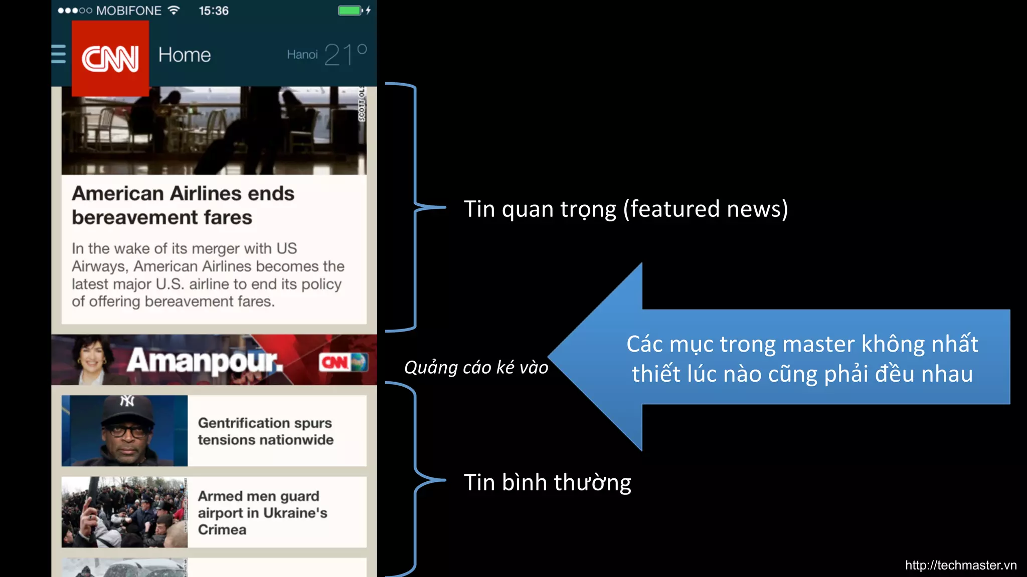 Tin	
  quan	
  trọng	
  (featured	
  news)	
  	
  

Quảng	
  cáo	
  ké	
  vào	
  	
  

Các	
  mục	
  trong	
  master	
  không	
  nhất	
  
thiết	
  lúc	
  nào	
  cũng	
  phải	
  đều	
  nhau	
  	
  

Tin	
  bình	
  thường	
  
http://techmaster.vn

 