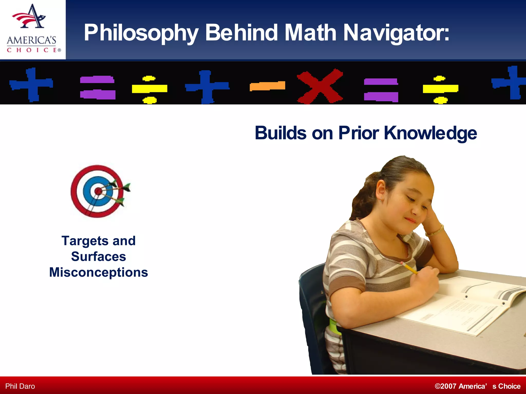 Philosophy Behind Math Navigator: Builds on Prior Knowledge Targets and Surfaces Misconceptions 