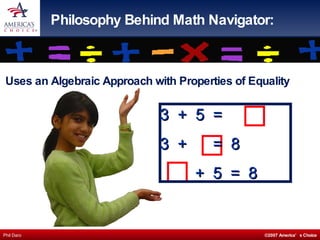 Philosophy Behind Math Navigator: Uses an Algebraic Approach with Properties of Equality 3  +  5  =  3  +  =  8 +  5  =  8 