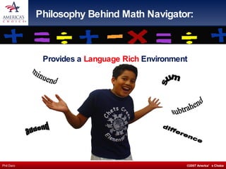 Philosophy Behind Math Navigator: Provides a  Language   Rich  Environment addend minuend sum subtrahend difference 