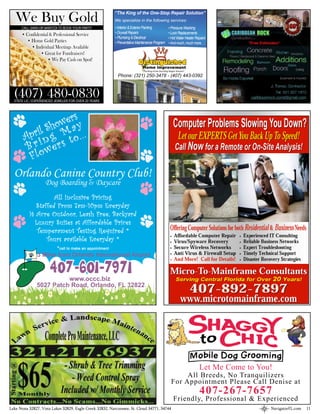 We Buy Gold
                                                          “The King of the One-Stop Repair Solution”
                                                          We specialize in the following services:
      CALL SARA OR MARITZA TO BOOK YOUR PARTY             • Interior & Exterior Painting       • Pressure Washing
      • Confidential & Professional Service               • Drywall Repairs                    • Lock Replacements
                                                          • Plumbing & Electrical              • Hot Water Heater Repairs
        • Home Gold Parties                               • Preventative Maintenance Program   • And much, much more….
          • Individual Meetings Available
               • Great for Fundraisers!
                    • We Pay Cash on Spot!


                                                           Phone: (321) 250-3478 - (407) 443-0392



  (407) 480-0830
  STATE LIC / EXPERIENCED JEWELER FOR OVER 20 YEARS



                      s
                 o wer y
           il Sh M a . . .
        Apr i n g t o
        B r owers
         Fl
  Orlando Canine Country Club!
                   Dog Boarding & Daycare
                   All Inclusive Pricing
            Staffed From 7am-10pm Everyday
          ½ Acre Outdoor, Leash Free, Backyard
           Luxury Suites at Affordable Prices
            Temperament Testing Required *
                Tours available Everyday *
                          * call to make an appointment
               3 Miles from Orlando International Airport



                         www.occc.biz
               5027 Patch Road, Orlando, FL 32822




                                                                                                                    Let Me Come to You!
                                                                                                     All Breeds, No Tranquilizers
                                                                                                For Appointment Please Call Denise at
                                                                                                                    407-267-7657
                                                                                                  Friendly, Professional & Experienced
Lake Nona 32827, Vista Lakes 32829, Eagle Creek 32832, Narcoossee, St. Cloud 34771, 34744                                             NavigatorFL.com   11
 