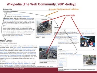 BabelNet, Babelfy, Video games with a purpose & the Wikipedia Bitaxonomy
Roberto Navigli
18
• Playing with senses
• Bla bla bla bla bla bla bla
• Bla bla bla bla bla bla bla
• Bla bla bla bla bla bla bla
• Bla bla bla bla bla bla bla
• Bla bla bla bla bla bla bla
concepts
(unspecified) semantic relation
Wikipedia [The Web Community, 2001-today]
 