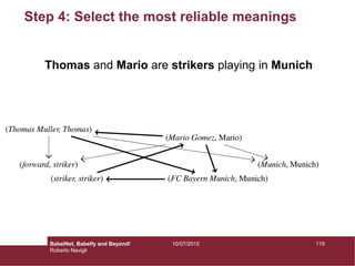 Step 4: Select the most reliable meanings
Thomas and Mario are strikers playing in Munich
11910/07/2015BabelNet, Babelfy and Beyond!
Roberto Navigli
 