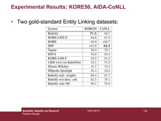 Experimental Results: KORE50, AIDA-CoNLL
• Two gold-standard Entity Linking datasets:
12410/07/2015BabelNet, Babelfy and Beyond!
Roberto Navigli
 