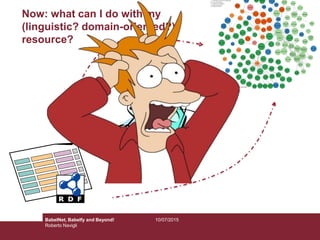 10/07/2015BabelNet, Babelfy and Beyond!
Roberto Navigli
Now: what can I do with my
(linguistic? domain-oriented?)
resource?
 