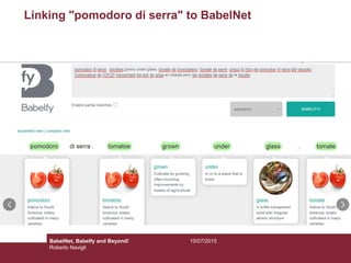 Linking "pomodoro di serra" to BabelNet
10/07/2015BabelNet, Babelfy and Beyond!
Roberto Navigli
 
