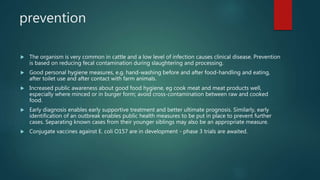 prevention
 The organism is very common in cattle and a low level of infection causes clinical disease. Prevention
is based on reducing fecal contamination during slaughtering and processing.
 Good personal hygiene measures, e.g. hand-washing before and after food-handling and eating,
after toilet use and after contact with farm animals.
 Increased public awareness about good food hygiene, eg cook meat and meat products well,
especially where minced or in burger form; avoid cross-contamination between raw and cooked
food.
 Early diagnosis enables early supportive treatment and better ultimate prognosis. Similarly, early
identification of an outbreak enables public health measures to be put in place to prevent further
cases. Separating known cases from their younger siblings may also be an appropriate measure.
 Conjugate vaccines against E. coli O157 are in development - phase 3 trials are awaited.
 