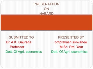 PRESENTATION
ON
NABARD
SUBMITTED TO PRESENTED BY
Dr. A.K. Gauraha omprakash sonvanee
Professor M.Sc. Pre. Year
Dett. Of Agri. economics Dett. Of Agri. economics
 