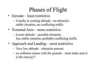 Phases of Flight
• Enroute – least restrictive
– Usually at cruising altitude - no obstacles
stable situation, no conflicting traffic
• Terminal Area – more restrictive
– Lower altitude – possible obstacles
less stable situation, probable conflicting traffic
• Approach and Landing – most restrictive
– Very low altitude – obstacles present
– on collision course with the ground - must make sure it
is the runway!!
 