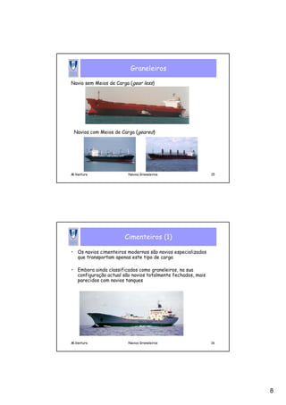 8
M.Ventura Navios Graneleiros 15
Graneleiros
Navio sem Meios de Carga (gear less)
Navios com Meios de Carga (geared)
M.Ventura Navios Graneleiros 16
Cimenteiros (1)
• Os navios cimenteiros modernos são navios especializados
que transportam apenas este tipo de carga
• Embora ainda classificados como graneleiros, na sua
configuração actual são navios totalmente fechados, mais
parecidos com navios tanques
 