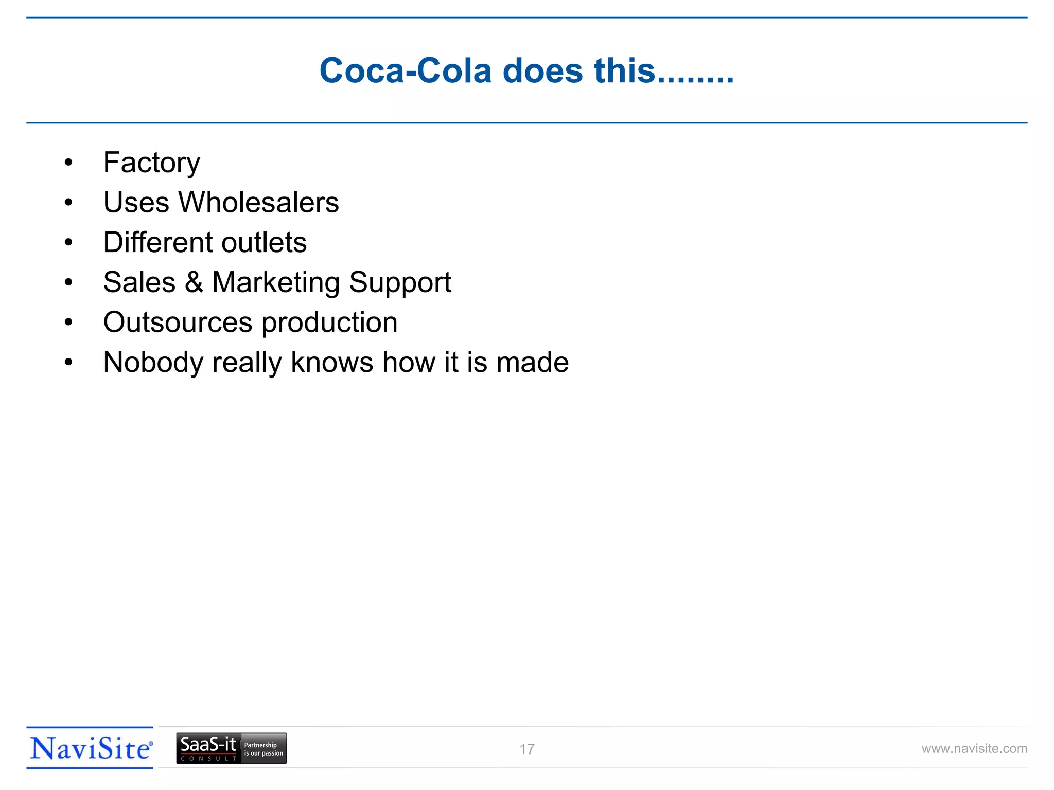 Factory Uses Wholesalers Different outlets Sales & Marketing Support Outsources production Nobody really knows how it is made Coca-Cola does this........ 