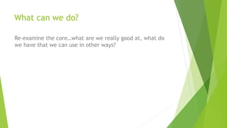 What can we do?
Re-examine the core…what are we really good at, what do
we have that we can use in other ways?
 