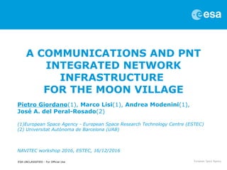 ESA UNCLASSIFIED - For Official Use
A COMMUNICATIONS AND PNT
INTEGRATED NETWORK
INFRASTRUCTURE
FOR THE MOON VILLAGE
Pietro Giordano(1), Marco Lisi(1), Andrea Modenini(1),
José A. del Peral-Rosado(2)
(1)European Space Agency - European Space Research Technology Centre (ESTEC)
(2) Universitat Autònoma de Barcelona (UAB)
NAVITEC workshop 2016, ESTEC, 16/12/2016
 