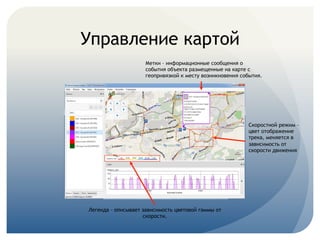 Управление картой
Легенда – описывает зависимость цветовой гаммы от
скорости.
Скоростной режим –
цвет отображение
трека, меняется в
зависимость от
скорости движения
Метки – информационные сообщения о
события объекта размещенные на карте с
геопривязкой к месту возникновения события.
 