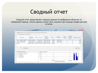Сводный отчет
	
  
Сводный отчет представляет сводные данные по выбранным объектам за
выбранный период. Список данных может быть изменен при помощи конфигуратора
отчетов.
 