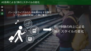 AI活用による｢旅行｣スタイルの変化
旅行体験の向上による
旅行スタイルの変化
パーソナライズされた情報提供をする事で
ユーザーは旅行を楽しむ事に集中
 