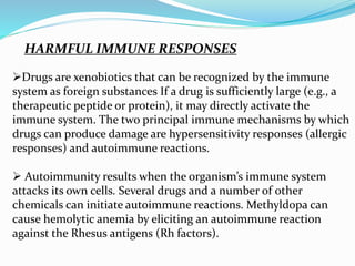 HARMFUL IMMUNE RESPONSES
Drugs are xenobiotics that can be recognized by the immune
system as foreign substances If a drug is sufficiently large (e.g., a
therapeutic peptide or protein), it may directly activate the
immune system. The two principal immune mechanisms by which
drugs can produce damage are hypersensitivity responses (allergic
responses) and autoimmune reactions.
 Autoimmunity results when the organism’s immune system
attacks its own cells. Several drugs and a number of other
chemicals can initiate autoimmune reactions. Methyldopa can
cause hemolytic anemia by eliciting an autoimmune reaction
against the Rhesus antigens (Rh factors).
 