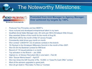 The Noteworthy Milestones: Produced Two Pinnacles and two MDRT’s. Have nurtured and developed entrepreneual talent in my team. Qualified Zonal Sales Manager club, 4th rank pan HEG (Himalayan Elite Group). Was awarded Striker of the month for the month of Aug 06. 2ND Rank UM for the month of Mar 07 across Punjab. Consistently retail driven guy month on month. Won contest “LAKSHYA” (no of policies contest) in the branch. 7th Ranked in the Himalayan Millionaire Summit in the month of Nov 2007. Won Ek Din Ka Badshah contest for RM level. Record of 110 issued policies in a month.  Top activation in the Branch – Jan 2008. Highest no. of Advisor Recruited (38) in one batch – Feb 08 Won “Soccer Mania Award” – April 07 Won two times the Gift Voucher of Rs. 10,000/- in “Case Pe Cash Offer” contest Most of the advisors upgraded in grand perk. Won 20 gm Gold in “Rok Sako To Rok Lo” Contest. Promoted from Unit Manager to Agency Manager. Over achieved my targets by 140%. 