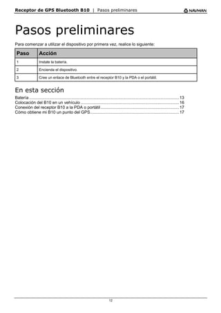 Receptor de GPS Bluetooth B10 | Pasos preliminares
12
Pasos preliminares
Para comenzar a utilizar el dispositivo por primera vez, realice lo siguiente:
Paso Acción
1 Instale la batería.
2 Encienda el dispositivo.
3 Cree un enlace de Bluetooth entre el receptor B10 y la PDA o el portátil.
En esta sección
Batería ................................................................................................................................13
Colocación del B10 en un vehículo ....................................................................................16
Conexión del receptor B10 a la PDA o portátil...................................................................17
Cómo obtiene mi B10 un punto del GPS............................................................................17
 