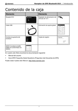 Receptor de GPS Bluetooth B10 | Introducción
7
Contenido de la caja
Elemento Elemento
Receptor B10 Adaptador de alimentación del
vehículo de 12 V
Cable USB Información de soporte global
Contrato de garantía del
hardware
Tarjeta de registro
WEEE Compliance leaflet
(folleto de conformidad con
WEEE)
En nuestro sitio Web encontrará la documentación siguiente:
ƒ Manual del usuario
ƒ Guía GPS Frequently Asked Questions (Preguntas más frecuentes de GPS)
Puede visitar nuestro sitio Web en: http://www.navman.com.
 