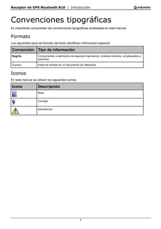 Receptor de GPS Bluetooth B10 | Introducción
8
Convenciones tipográficas
Es importante comprender las convenciones tipográficas empleadas en este manual.
Formato
Los siguientes tipos de formato del texto identifican información especial:
Convención Tipo de información
Negrita Componentes o elementos de especial importancia, incluidos botones, encabezados y
opciones.
Cursiva Indica el nombre de un documento de referencia.
Iconos
En este manual se utilizan los siguientes iconos:
Icono Descripción
Nota
Consejo
Advertencia
 