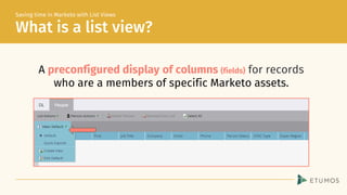 Which assets can use a list view?
Saving time in Marketo with List Views
 