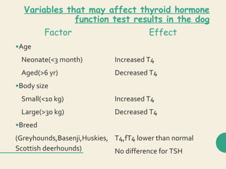 Variables that may affect thyroid hormone
function test results in the dog
Factor Effect
•Age
Neonate(<3 month)
Aged(>6 yr)
•Body size
Small(<10 kg)
Large(>30 kg)
•Breed
(Greyhounds,Basenji,Huskies,
Scottish deerhounds)
Increased T4
Decreased T4
Increased T4
Decreased T4
T4,fT4 lower than normal
No difference for TSH
 