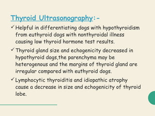 Thyroid Ultrasonography:-
Helpful in differentiating dogs with hypothyroidism
from euthyroid dogs with nonthyroidal illness
causing low thyroid hormone test results.
Thyroid gland size and echogenicity decreased in
hypothyroid dogs,the parenchyma may be
heterogenous and the margins of thyroid gland are
irregular compared with euthyroid dogs.
Lymphocytic thyroiditis and idiopathic atrophy
cause a decrease in size and echogenicity of thyroid
lobe.
 