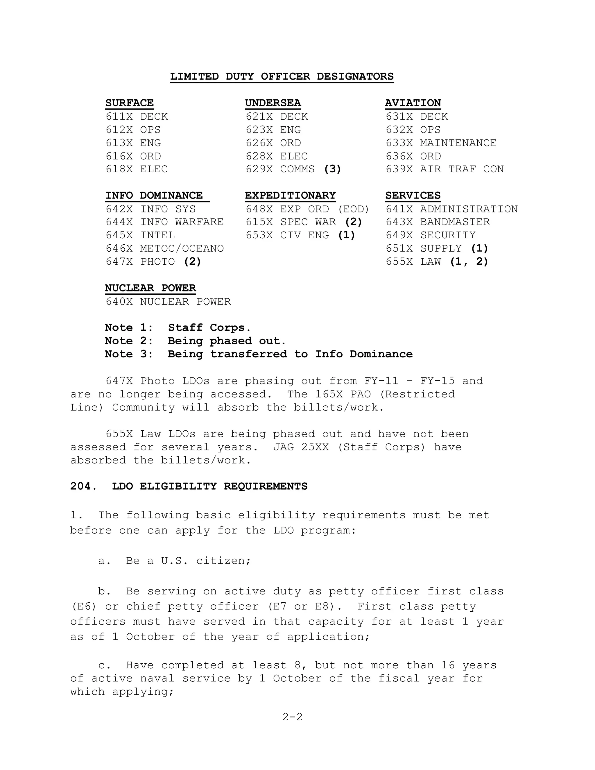 LIMITED DUTY OFFICER DESIGNATORS

       SURFACE                UNDERSEA             AVIATION
       611X DECK              621X DECK            631X DECK
       612X OPS               623X ENG             632X OPS
       613X ENG               626X ORD             633X MAINTENANCE
       616X ORD               628X ELEC            636X ORD
       618X ELEC              629X COMMS (3)       639X AIR TRAF CON

       INFO   DOMINANCE       EXPEDITIONARY        SERVICES
       642X   INFO SYS        648X EXP ORD (EOD)   641X ADMINISTRATION
       644X   INFO WARFARE    615X SPEC WAR (2)    643X BANDMASTER
       645X   INTEL           653X CIV ENG (1)     649X SECURITY
       646X   METOC/OCEANO                         651X SUPPLY (1)
       647X   PHOTO (2)                            655X LAW (1, 2)

       NUCLEAR POWER
       640X NUCLEAR POWER

       Note 1:     Staff Corps.
       Note 2:     Being phased out.
       Note 3:     Being transferred to Info Dominance

     647X Photo LDOs are phasing out from FY-11 – FY-15 and
are no longer being accessed. The 165X PAO (Restricted
Line) Community will absorb the billets/work.

     655X Law LDOs are being phased out and have not been
assessed for several years. JAG 25XX (Staff Corps) have
absorbed the billets/work.

204.    LDO ELIGIBILITY REQUIREMENTS

1. The following basic eligibility requirements must be met
before one can apply for the LDO program:

   a.     Be a U.S. citizen;

    b. Be serving on active duty as petty officer first class
(E6) or chief petty officer (E7 or E8). First class petty
officers must have served in that capacity for at least 1 year
as of 1 October of the year of application;

    c. Have completed at least 8, but not more than 16 years
of active naval service by 1 October of the fiscal year for
which applying;

                                   2-2
 