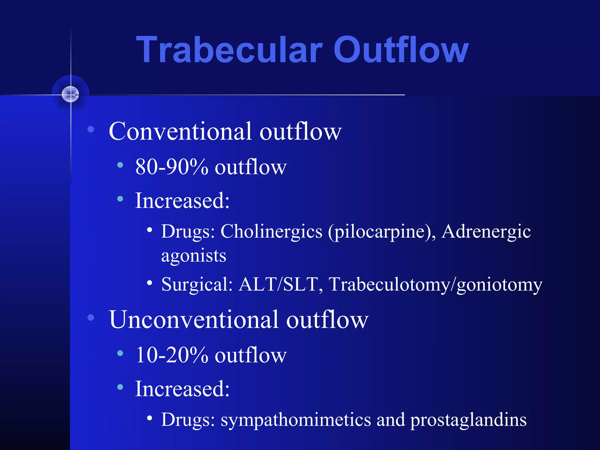 Trabecular Outflow

• Conventional outflow
  • 80-90% outflow
  • Increased:
     • Drugs: Cholinergics (pilocarpine), Adrenergic
       agonists
     • Surgical: ALT/SLT, Trabeculotomy/goniotomy
• Unconventional outflow
  • 10-20% outflow
  • Increased:
     • Drugs: sympathomimetics and prostaglandins
 