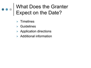 What Does the Granter
Expect on the Date?
   Timelines
   Guidelines
   Application directions
   Additional information
 