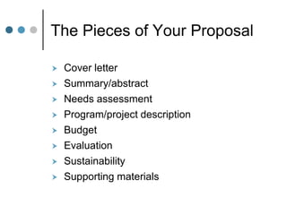 The Pieces of Your Proposal

   Cover letter
   Summary/abstract
   Needs assessment
   Program/project description
   Budget
   Evaluation
   Sustainability
   Supporting materials
 