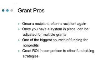 Grant Pros

   Once a recipient, often a recipient again
   Once you have a system in place, can be
    adjusted for multiple grants
   One of the biggest sources of funding for
    nonprofits
   Great ROI in comparison to other fundraising
    strategies
 