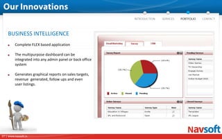 BUSINESS INTELLIGENCE
         Complete FLEX based application                  DOCUMENT
                                                          MANAGEMENT
         The multipurpose dashboard can be                SYSTEM
         integrated into any admin panel or back office
         system

         Generates graphical reports on sales targets,
         revenue generated, follow ups and even
         user listings.




07 | www.navsoft.in
 