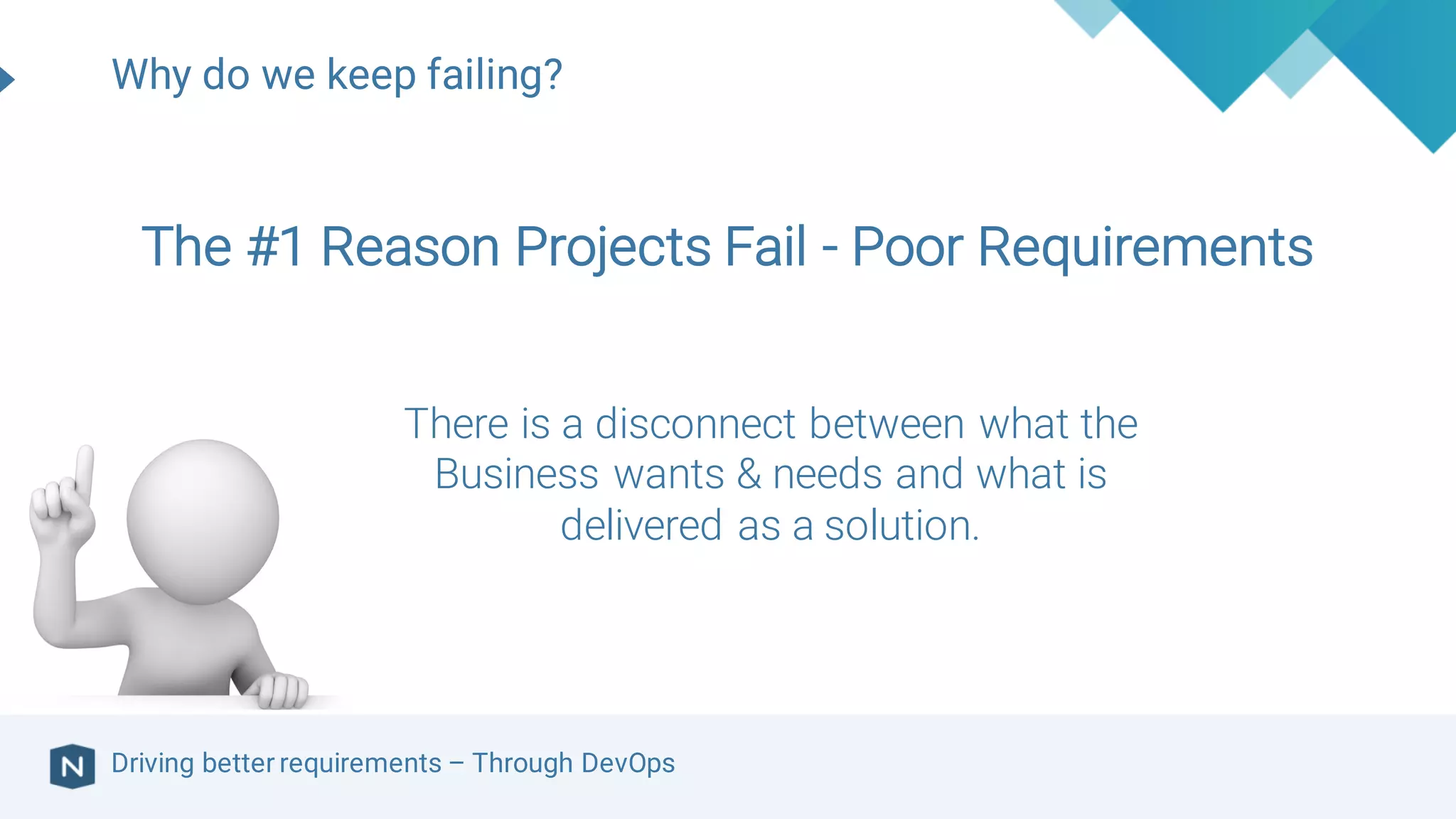 Driving better requirements – Through DevOps
The #1 Reason Projects Fail - Poor Requirements
Why do we keep failing?
There is a disconnect between what the
Business wants & needs and what is
delivered as a solution.
 