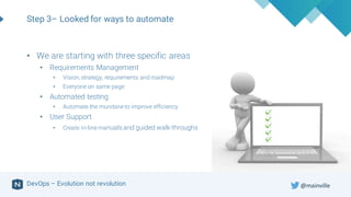 DevOps – Evolution not revolution
Step 3– Looked for ways to automate
• We are starting with three specific areas
• Requirements Management
• Vision, strategy, requirements and roadmap
• Everyone on same page
• Automated testing
• Automate the mundane to improve efficiency
• User Support
• Create in-line manuals and guided walk-throughs
@mainville
 