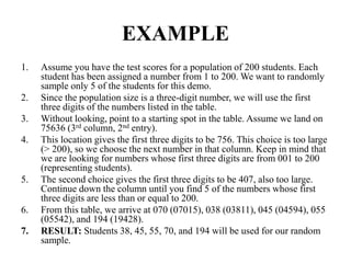 EXAMPLE
1. Assume you have the test scores for a population of 200 students. Each
student has been assigned a number from 1 to 200. We want to randomly
sample only 5 of the students for this demo.
2. Since the population size is a three-digit number, we will use the first
three digits of the numbers listed in the table.
3. Without looking, point to a starting spot in the table. Assume we land on
75636 (3rd column, 2nd entry).
4. This location gives the first three digits to be 756. This choice is too large
(> 200), so we choose the next number in that column. Keep in mind that
we are looking for numbers whose first three digits are from 001 to 200
(representing students).
5. The second choice gives the first three digits to be 407, also too large.
Continue down the column until you find 5 of the numbers whose first
three digits are less than or equal to 200.
6. From this table, we arrive at 070 (07015), 038 (03811), 045 (04594), 055
(05542), and 194 (19428).
7. RESULT: Students 38, 45, 55, 70, and 194 will be used for our random
sample.
 