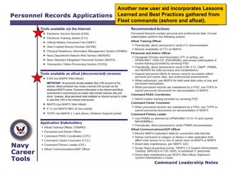 Another new user aid incorporates Lessons
Another new user aid incorporates Lessons
Learned and Best Practices gathered from
Learned and Best Practices gathered from
Fleet commands (ashore and afloat).
Fleet commands (ashore and afloat).
 