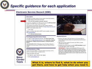 Specific guidance for each application




            What it is, where to find it, what to do when you
            get there, and how to get help when you need it.
 