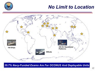 No Limit to Location




  164 Ships                           242 Air Squadrons/
                                      Platforms
                             69Subs




35.7% Navy-Funded Exams Are For OCONUS And Deployable Units
                                                              12
 
